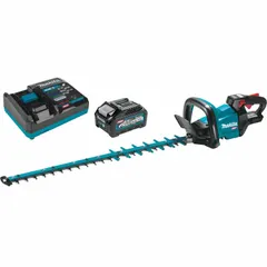 This battery-powered hedge trimmer operates on a 40 V system and features a 30 in blade with a 3/8 in cutting width. It is designed for trimming and shaping hedges, shrubs, and bushes in landscaping and garden maintenance.