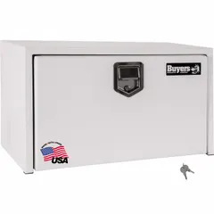 Single drop-down door box in white steel with keyed lock. Designed for underbody truck mounting to provide secure, weather-resistant storage for tools and equipment. Suitable for fleet maintenance, construction, and field service applications.