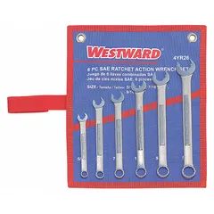 This 6-piece combination wrench set includes SAE 12-point wrenches with head sizes ranging from 5/16 in to 5/8 in. The wrenches feature a satin finish and are stored in a tool roll. Suitable for tightening or loosening nuts and bolts in general industrial fastening applications.