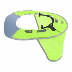 This green polyester visor attaches to safety helmets via a suspension-mount system, providing neck shade protection. It is designed for use with standard hard hats and safety helmets in outdoor work environments where sun glare and heat exposure are concerns.