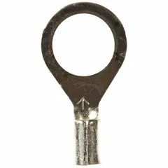 Non-insulated ring terminal for secure crimp connections. Accommodates 16 AWG to 14 AWG wire with a 5/16 in stud size. Rated for 1000 V. Suitable for power distribution, control panels, and heavy equipment wiring.