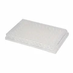 This 96-well microplate is made of natural acrylic with square wells, each having a 0.37 mL capacity and an overall diameter of 85 mm. It is non-sterile and not RNase/DNase free, suitable for sample storage, assay development, and high-throughput screening in laboratory settings where these conditions are acceptable.