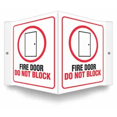 This sign is designed for mounting on fire doors to indicate they must not be blocked. It features a V-shape projection for visibility from multiple angles and includes mounting holes for installation. Made of PETG, the sign measures 6 in x 8 1/2 in with a thickness of 0.06 in. It is not retroreflective and does not glow in the dark.