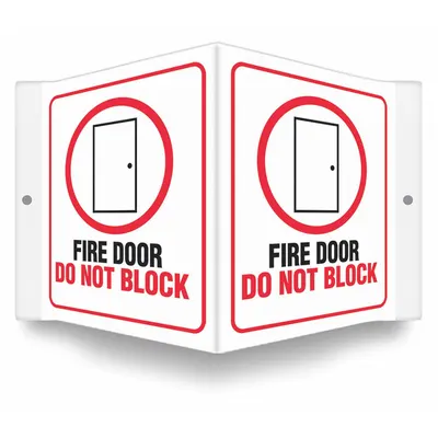 CONDOR Safety Sign: PETG, Mounting Holes Sign Mounting, 6 in x 8 1/2 in Nominal Sign Size - V-Shape Projection Fire Door Do Not Block Signs