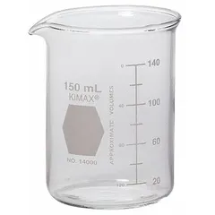 Low form beaker with 150 mL (5.07 fl oz) capacity, made from Type I colorless borosilicate glass. Autoclavable for sterilization. Suitable for general laboratory tasks such as mixing, heating, and measuring liquids.