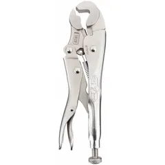 Lever-type locking pliers with a plain grip and V-shaped jaw profile. Overall length 7 in, jaw length 1 3/16 in, max jaw opening 3/4 in. Used for clamping round, square, or irregular workpieces in metalworking, fabrication, and maintenance tasks.