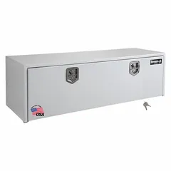 This single drop-down door box is designed for underbody mounting on trucks, providing secure storage for tools and equipment. It features a white finish, keyed lock, and 24-inch overall depth. Suitable for service vehicles and fleet operations.
