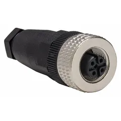 M12 female thread field-wireable circular connector with straight socket body and 4-pin screw terminals. Rated IP67 and 125V AC, with plastic housing. Suitable for wiring sensor cables in industrial automation applications requiring a sealed connection.
