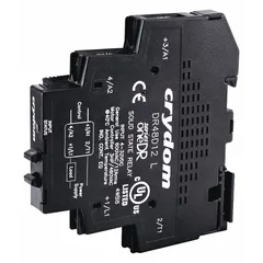 The CRYDOM DR48A12 is a DIN-rail mounted solid state relay with an integral heat sink and SCR output. It switches AC loads from 48 to 600V. Suitable for industrial control panels, process control, and HVAC systems requiring silent, maintenance-free switching.