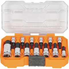 This 13-piece set includes hex impact bit sockets with fixed insert design. Drive sizes are 1/4 in, 3/8 in, and 1/2 in. Hex tip sizes range from 2 to 14 mm. Suitable for impact applications such as automotive repair, construction, and industrial maintenance.