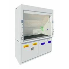 This light duty ducted fume hood provides personnel protection by exhausting hazardous fumes, vapors, and particulates at 380 CFM. It features a 4 ft overall width, 33 in overall depth, and a Petal White finish. The hood includes a glass sash and operates on 120V AC. It does not include a blower, base/stand, or work surface, and requires connection to a building exhaust system.
