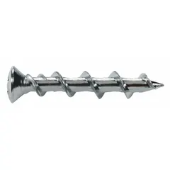 Self-threading anchor for brick and masonry applications. Made of 1018-grade steel with a plain finish and Phillips oval head. Overall length 1-1/4 in. Pack of 100.