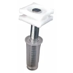This hanging door guide is designed for use with bypass door track systems to keep sliding doors aligned and prevent swaying during operation. It measures 1 7/16 inches in length and 3 3/4 inches in width, with a maximum weight capacity of 20 pounds. Sold as a pair (1 PR).