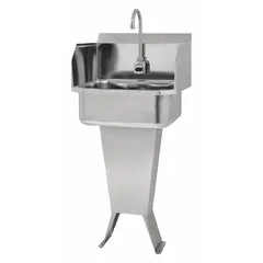 This one-station freestanding hand sink includes a battery-powered faucet and a side splash. The bowl measures 17 inches in length and 7 inches in depth, with a flow rate of 0.5 gpm. Suitable for commercial restrooms and food service areas where touch-free operation is desired.
