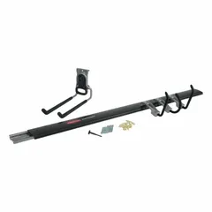 This steel wall-mount track system kit is designed for organizing garages and workshops. The 5-piece set includes a 32-inch rail and a multi-purpose hook, supporting up to 1,750 lb overall. Hardware is included for installation.