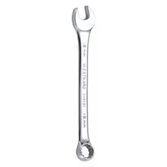 Metric 12-point combination wrench with 16 mm head size and 8 1/4 in overall length. Features a chrome finish and offset design. The 12-point box end provides secure engagement on hex fasteners, while the open end allows for quick positioning. Suitable for tightening and loosening metric fasteners in general mechanical and maintenance tasks.