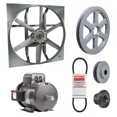 Unassembled belt-drive panel exhaust fan with drive package. Features a 42-inch blade, 3 hp motor delivering 26,012 cfm, and operates on 115/230V AC single-phase power. Motor is totally enclosed fan-cooled with Class F insulation. Frame is zinc-plated steel with cast construction. No intake guards included. Suitable for high-volume air movement in industrial facilities such as warehouses and factories.