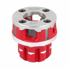 This die head is designed for cutting NPT threads on 3/4-inch pipe using handheld pipe threaders. Constructed from alloy steel with right-hand threading, it is suitable for plumbing, electrical conduit, and industrial piping applications.