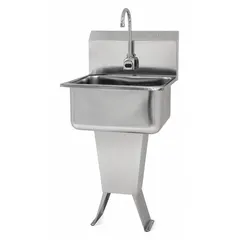 This freestanding hand sink with faucet is designed for one-station use in commercial restrooms, healthcare facilities, and foodservice areas. It features a 19 in bowl length and 10 in bowl depth, with a battery-powered operation and a 0.5 gpm flow rate for water conservation. Side splash is not included.