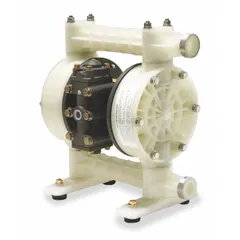 This air-operated double-diaphragm pump features a polypropylene housing and is equipped with a PP seat and PTFE check valves. It has a 3/4 in NPT connection, delivers up to 21 gpm, and achieves a maximum head of 231 ft. Typical applications include transfer of corrosive or abrasive fluids in industrial settings.