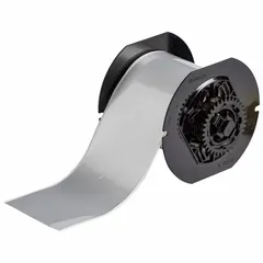 Continuous thermal transfer label roll made of metalized polyester with a silver gloss finish. Measures 3 inches by 100 feet and is rated for outdoor use. Compatible with the i5300 printer series. Suitable for asset tracking, pipe marking, and safety signage applications.