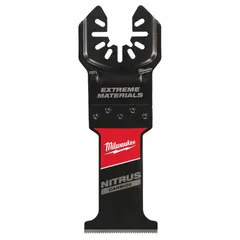Carbide straight cutting blade for oscillating tools. Open-back universal OIS mount. Overall length 4 3/16 in. Used for cutting sheet metal in metal fabrication, HVAC ductwork, and automotive repair.