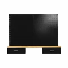 Steel pegboard panel with powder-coated black finish. Measures 45 x 72 x 1 inches with 1/4-inch round peg holes. Used for organizing tools and equipment in workshops, garages, and warehouses by accommodating standard hooks and accessories.