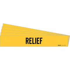 Yellow adhesive pipe marker with black legend reading 'Relief', without arrows. Fits pipe outer diameters from 2-1/2 to 7-7/8 inches. Sold in a pack of 5. Used to identify piping systems carrying relief media in industrial facilities.