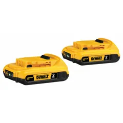 This 2-pack of DEWALT 20V MAX* lithium-ion batteries provides 2 Ah capacity per battery for extended runtime on compatible cordless tools. Each battery delivers 20V DC nominal voltage and is designed for use with the DEWALT 20V MAX* tool platform, suitable for powering drills, saws, and impact drivers in construction and maintenance tasks.