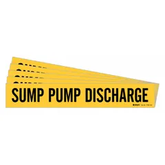 Adhesive pipe marker with yellow background and black legend reading 'Sump Pump Discharge'. Designed for pipes with outside diameter of 8 inches and larger. Supplied without arrows. Suitable for identifying sump pump discharge piping in industrial and commercial facilities.