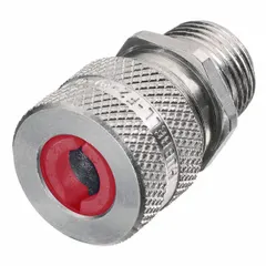 Straight metallic cable grip with 1/2 in MNPT box connection, accommodates cord diameters from 0.19 in to 0.25 in. Aluminum body with silver finish, red color-coded grommet, overall length 1 7/16 in. Rated IP66 and Class III, Division 1 & 2 for hazardous locations with combustible fibers or flyings.