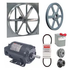 This belt-drive reversible panel fan is designed for industrial exhaust and supply ventilation applications requiring reversible airflow. It features a 36-inch blade and a 2 hp open dripproof motor, operating on 230/460V AC three-phase power. The unit is supplied unassembled with a drive package.