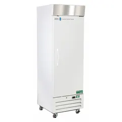 Upright lab refrigerator with 16 cu ft capacity, white swing solid door opening to the right. Maintains 1°C to 10°C temperature range using R-290 refrigerant. Features a temperature alarm. Overall depth 29 3/4 in. Suitable for storing temperature-sensitive laboratory samples, reagents, and media.