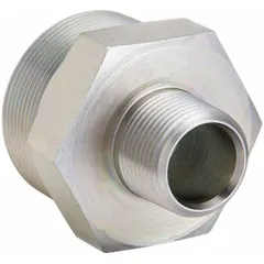 Steel pipe fitting with male NPT threads on both ends, sized 3/4 in x 1/2 in. Rated for maximum operating pressure of 5,500 psi. Used in high-pressure hydraulic systems for connecting pipes in industrial fluid power applications.