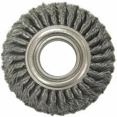 This wide-face brush is designed for heavy cleaning of contoured carbon steel surfaces. It features a twisted steel fill of 0.025 in and measures 8 in diameter by 1 1/8 in width with a 2 in arbor. Suitable for removing rust, scale, and weld splatter in industrial maintenance and fabrication applications.