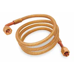 Copper capillary tubing with 0.06 in inner diameter, 48 in length, and 1/4 in connection featuring a 90° elbow. Includes both control side and equipment side depressors. Used to connect pressure controls in refrigeration systems for transmitting pressure signals.