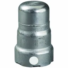Press-fit cap for terminating carbon steel piping systems. Made of carbon steel with FKM sealing, 1/2 in pipe size. Suitable for use in plumbing, HVAC, and process lines requiring a leak-proof closure.