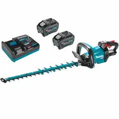 This MAKITA hedge trimmer operates on the 40 V XGT platform, delivering cordless performance for trimming and shaping hedges, shrubs, and bushes. It features a 24-inch blade and 24-inch cutting width, suitable for medium to large hedging tasks. The tool is powered by a 5.0 Ah battery (sold separately).