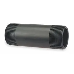Schedule 80 fully-threaded pipe nipple made of polyvinylidene fluoride (PVDF) in red. Fitting pipe size 1 1/2 in, overall length 1 3/4 in. Meets ASTM D3222. Used in industrial fluid-handling systems requiring UV resistance and chemical durability, such as chemical processing, water treatment, and semiconductor manufacturing.