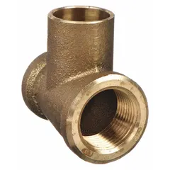Low lead bronze tee with 3/4 in FNPT, 1/2 in FNPT, and 3/4 in cup ends. Used in copper tube systems for branching threaded connections and soldering a tube end. Suitable for potable water applications requiring reduced lead content.