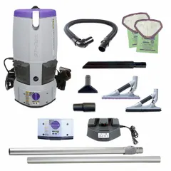 PROTEAM Backpack Vacuum: 58 cfm Air Flow, 17.5 lb Wt, 64 dB Sound Level, 1 1/2 gal Vacuum Capacity (MPN 107645). Key specifications — Brand: PROTEAM; Debris Collection Type: Bag; Includes Battery: Yes; Product Series: GoFree Flex Pro II; Carpet & Hard Floor.