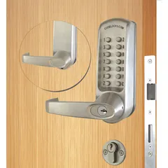 Mechanical push button lockset constructed from stainless steel. Provides keyless entry without electronic components or key override. Suitable for interior doors in commercial and institutional settings where simple, code-based access is required.