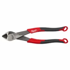 Flush-cut diagonal-cutting pliers with straight, oval jaw design. Overall length 8 in, jaw length 3/4 in, jaw width 1 1/4 in. Used for cutting wire, cable, and other materials flush to a surface in electrical, HVAC, and general maintenance tasks.