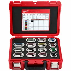 This replacement crimping die set includes 15 U style dies for copper conductors from 6 AWG to 750 kcmil. Designed for use with compatible crimping tools in electrical installations and maintenance.