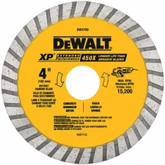 4-inch diameter diamond blade with 5/8-inch arbor, designed for wet or dry cutting of concrete and asphalt on chop saws. Suitable for masonry cutting tasks in construction and renovation.