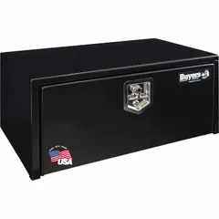 This single drop-down door box is designed for underbody mounting on trucks. It features a black finish and a keyed lock for security. The overall depth is 16 inches, providing storage for tools and equipment.