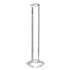 Class A graduated cylinder with 100 mL capacity, to deliver (TD) with 1 mL graduation increments. Made from USP Type I borosilicate glass and meets ASTM E1272. Includes a protective bumper. Used for precise liquid measurement in laboratory settings.
