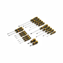 This 20-piece screwdriver set includes Phillips, slotted, and Torx tip types for driving a variety of fasteners. The overall length is 15 3/4 inches. Suitable for general assembly, maintenance, and repair tasks requiring multiple tip styles.