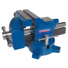 This combination bench and pipe vise is constructed from cast iron and features a bolt-down mounting configuration. The 3-1/2-inch jaw face width and 3-1/2-inch maximum jaw opening accommodate a range of workpieces. Integrated pipe jaws allow gripping cylindrical objects for tasks such as threading or cutting. Suitable for clamping and holding materials during filing, sawing, and drilling operations in maintenance and light fabrication settings.