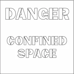 Polyethylene stencil for industrial use, displaying the message 'Danger Confined Space'. The 22 in x 3 in message size is suitable for marking restricted areas on walls, floors, or equipment. Reusable template for painting safety warnings.